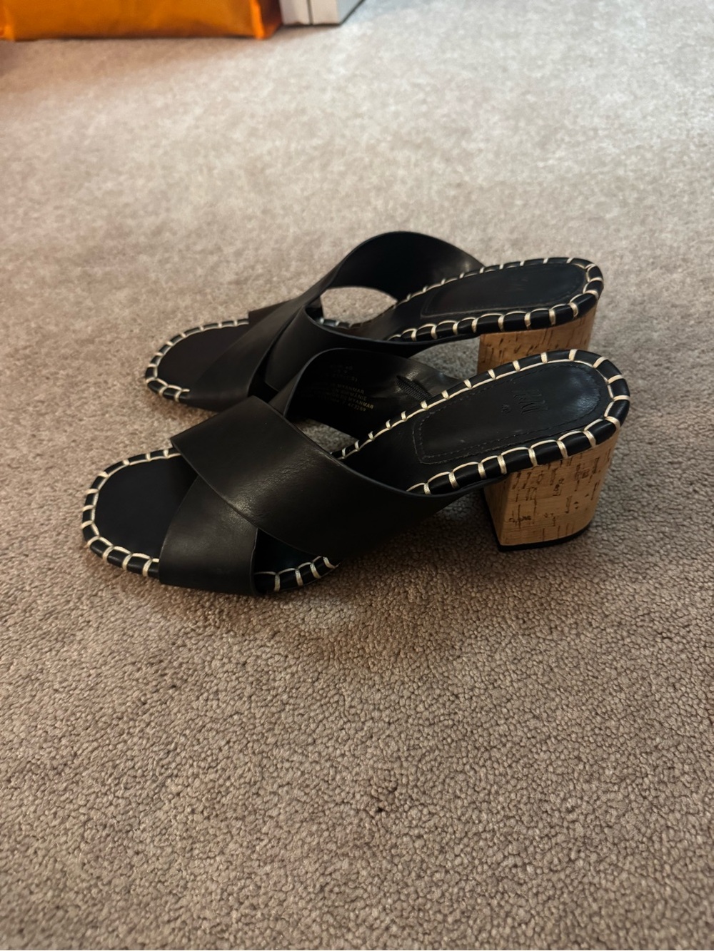 H&M Black Crisscross Leather Cork Block Heel Mules